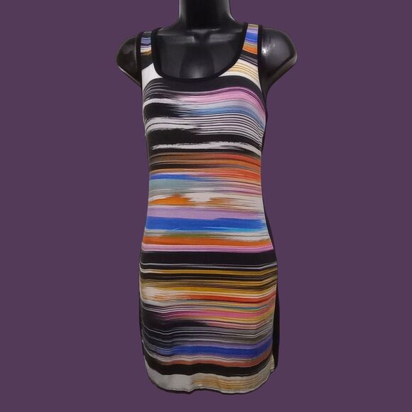 Vtg 90s Trina By Trina Turk Racerback Mini Dress Watercolor Medium Stretch Lined - Picture 1 of 9